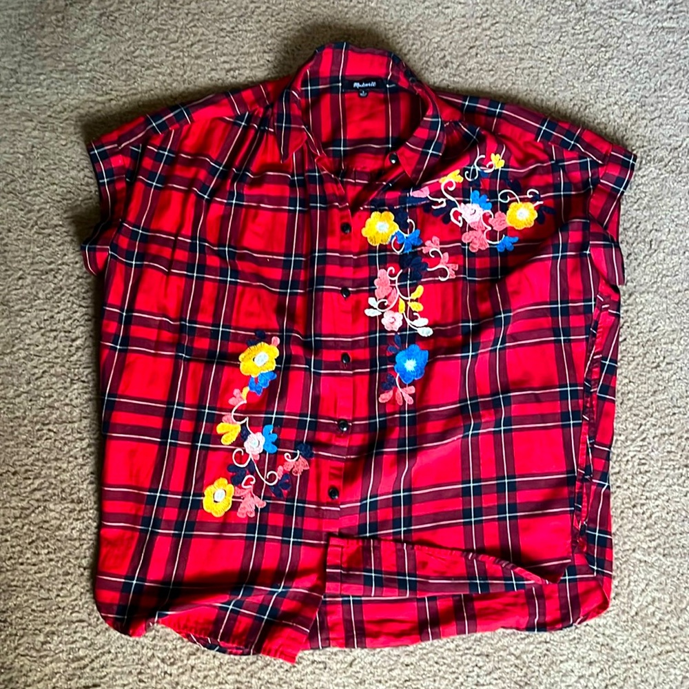 Red plaid button up with florals